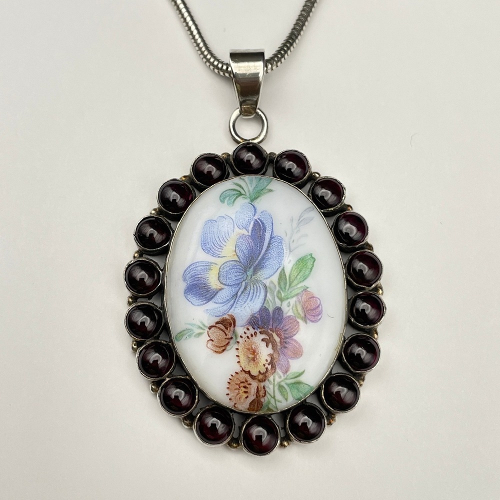 Larger Sterling Silver Floral Painted Ceramic Garnet Pendant Necklace